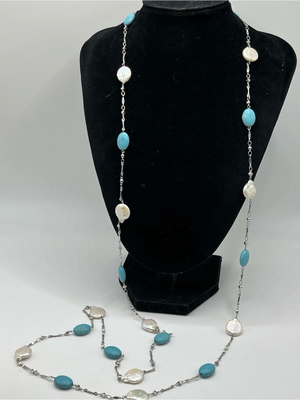 Station Mop Dyed Howlite Beaded Necklace Silver Tone 46”